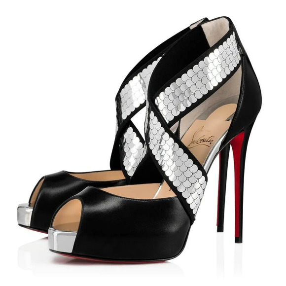 Christian Louboutin Xiletta 120 Black Silver Peep Platform Sandal Heel Pump 35.5 - Picture 1 of 16